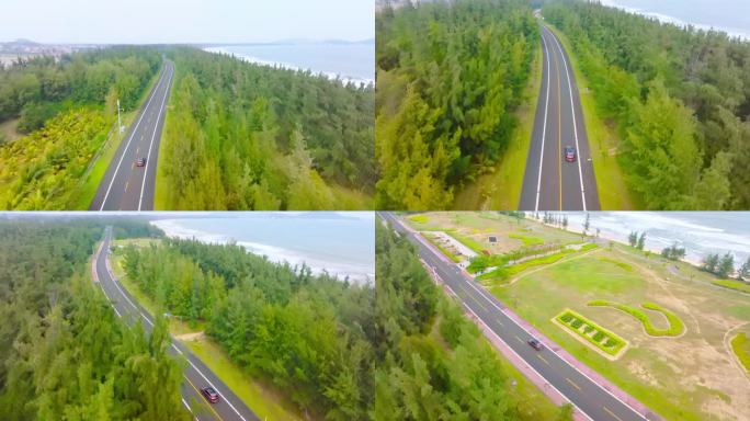 航拍新能源汽车行驶在海边公路森林树林小路