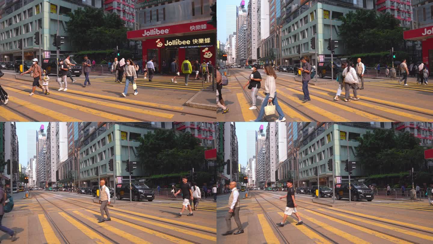 香港街道人来人往过马路视频4K