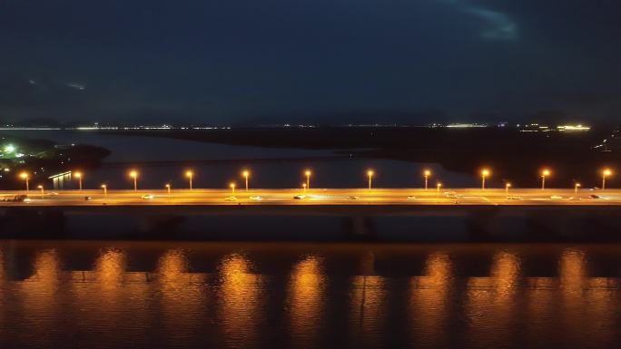 台州玉环湖漩门湾三桥城市桥梁航拍夜景延时