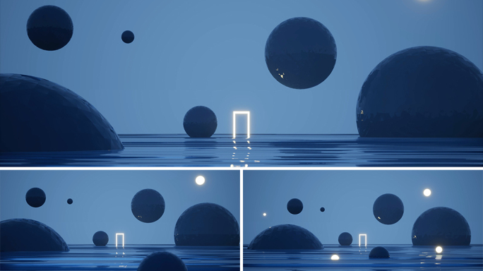 【4K极简空间】超现实球体光之门奇幻海面