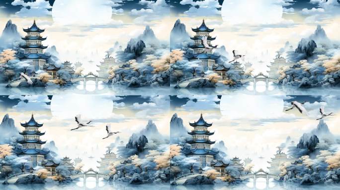中国风水墨彩色山水风光楼阁亭台氛围大屏
