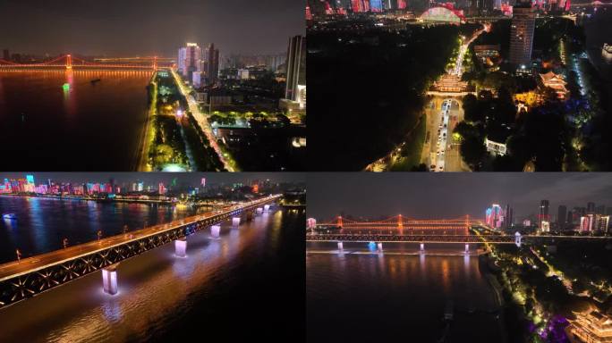 湖北武汉长江大桥夜晚夜景车流交通航拍风景
