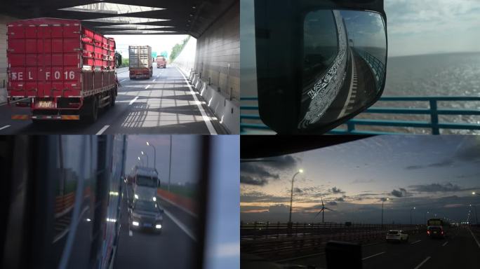 货车卡车行驶特写沿海道路夜间道路隧道