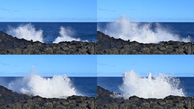 大海浪冲击礁石浪花飞溅