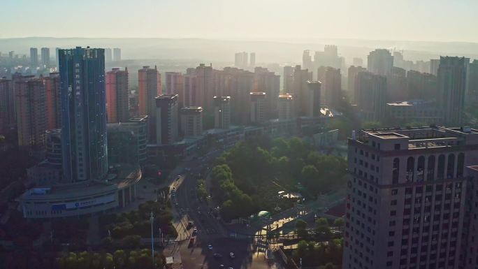 陕西省榆林市榆阳区开发区阳光广场航拍日出