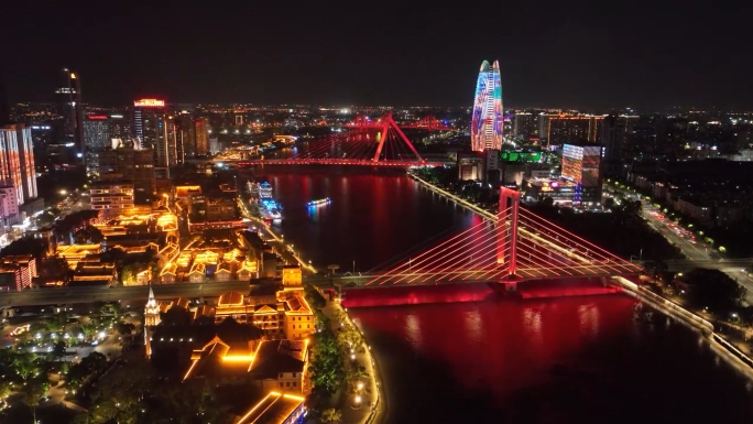 宁波三江口外滩城市夜景航拍