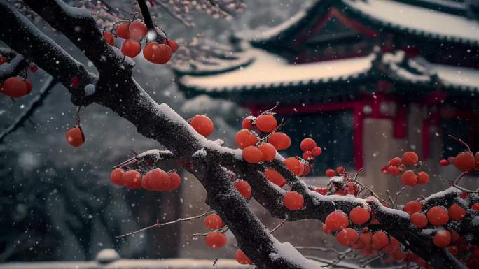 冬日柿子树下 飘雪