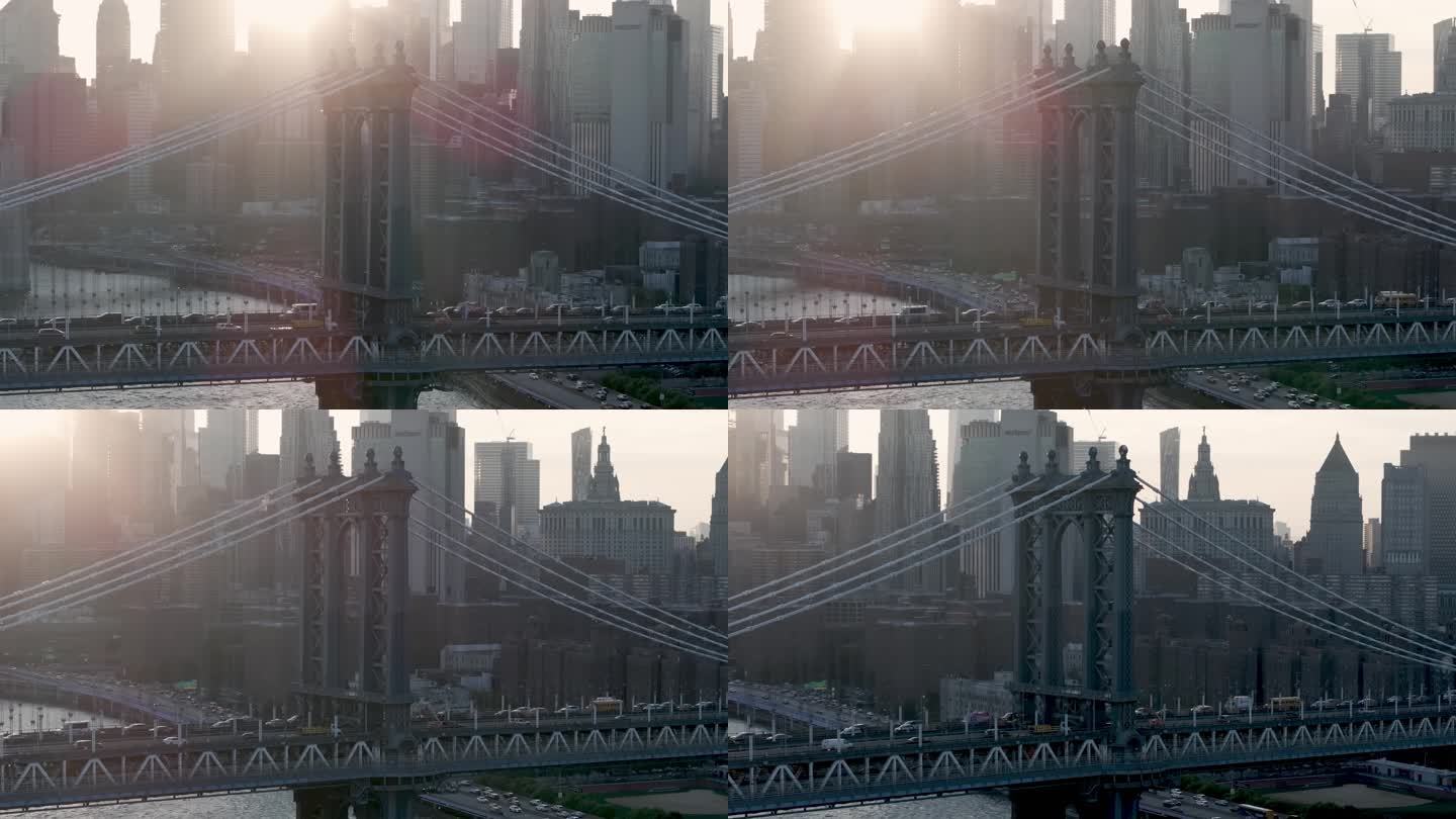 城市航拍曼哈顿大桥日落纽约市中心汽车阳光