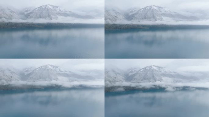 航拍雪后的西藏林芝巴松措云雾缭绕