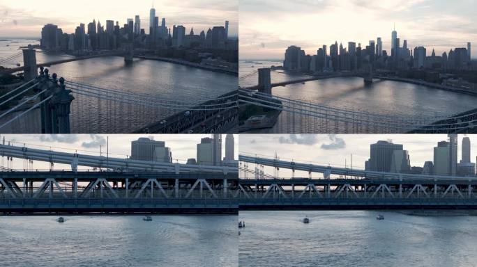 航拍曼哈顿大桥纽约曼哈顿东河摩天大楼日落