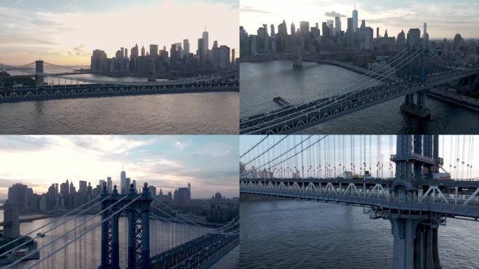城市航拍曼哈顿大桥日落纽约曼哈顿东河