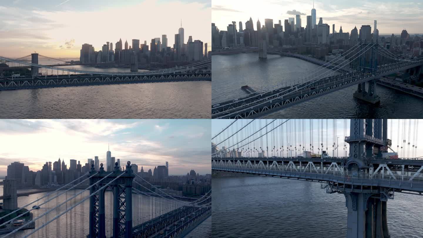 城市航拍曼哈顿大桥日落纽约曼哈顿东河