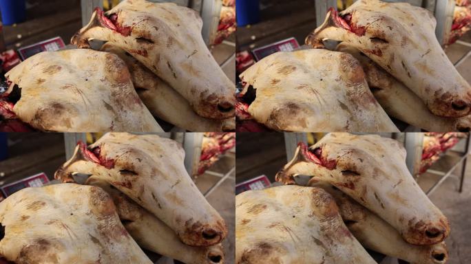 松潘牛羊市场肉食产品摊位牦牛牛头牛肉羊头