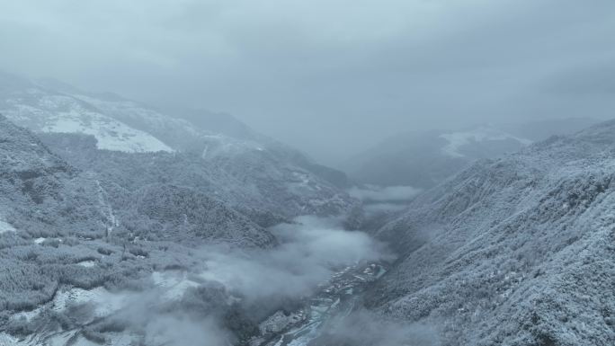 高空航拍大山之中雪景云层之上森林积雪大雾