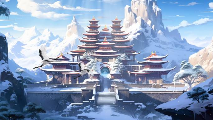 雪山山顶宫殿仙境天宫藏传佛教大殿背景2