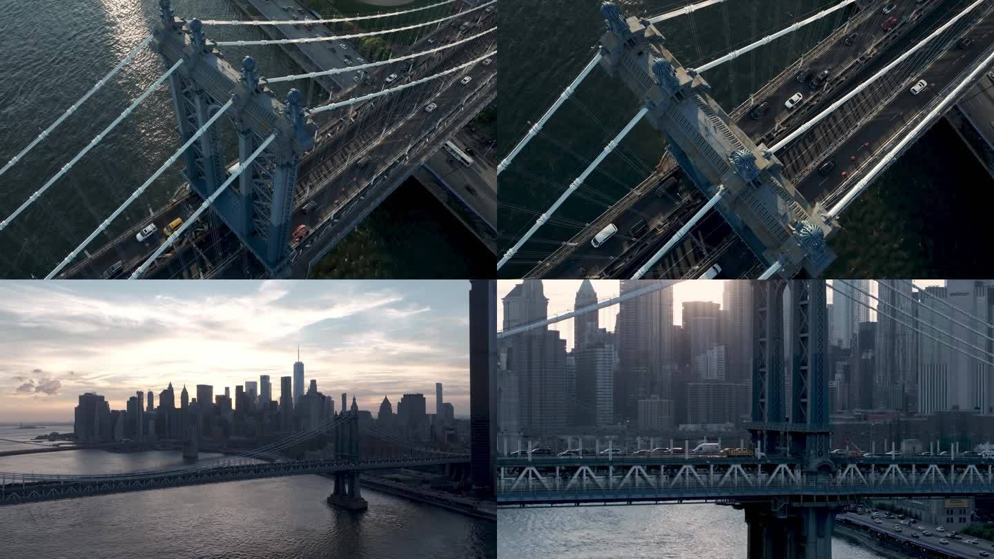 航拍曼哈顿大桥纽约哈德逊河摩天大楼汽车