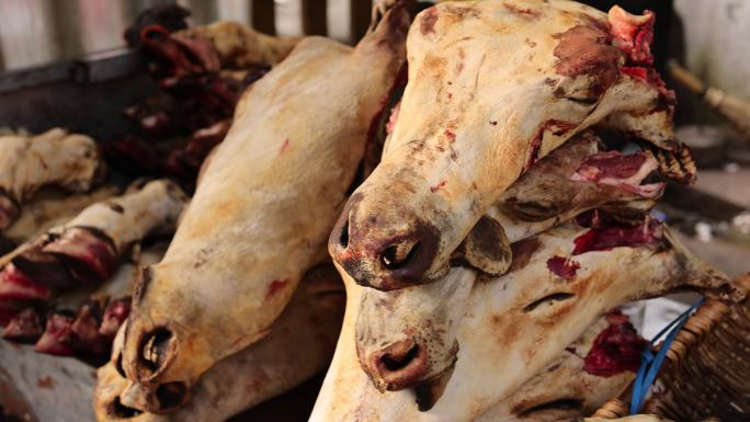 松潘牛羊市场肉食产品摊位牦牛牛头羊头牛肉