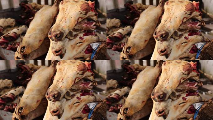 松潘牛羊市场肉食产品摊位牦牛牛头羊头牛肉
