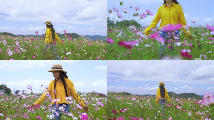 花女孩走在花丛中遍地花开踏青赏花周末旅游