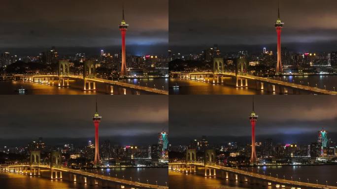 澳门西湾大桥澳门塔夜景航拍