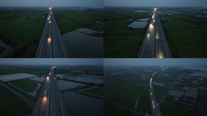 武深高速武汉江夏段傍晚夜景航拍高速公路