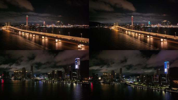澳门西湾大桥澳门塔夜景航拍