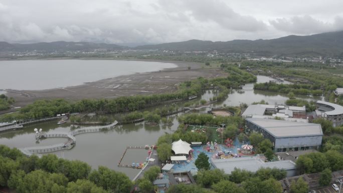 云南丽江古城景点拉市海湿地公园景色航拍