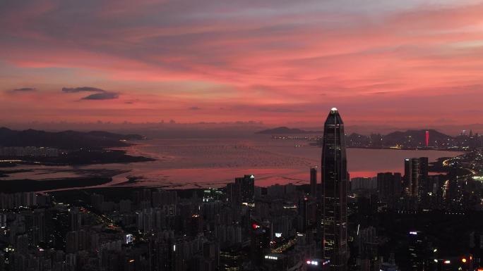 深圳市福田中心区平安日落夜景航拍