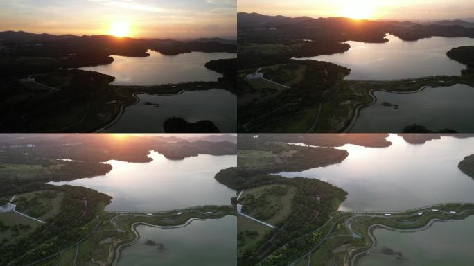 深圳市宝安石岩湖湿地公园日落航拍