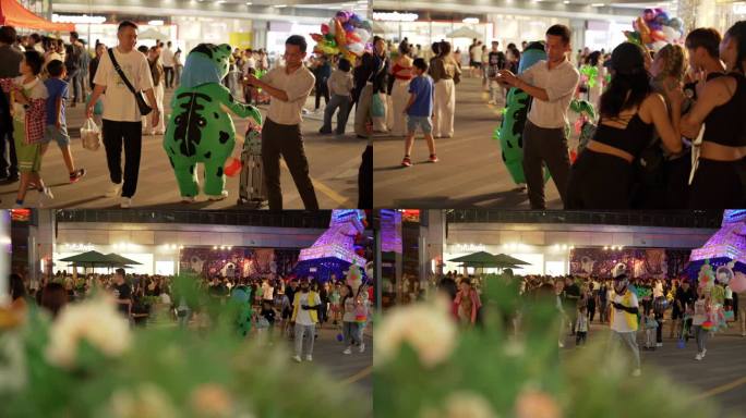 夜间人群密集广场上的卖崽青蛙