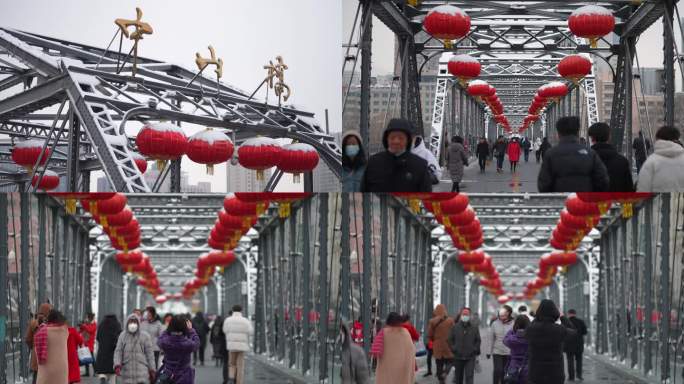 中山桥冬天雪景人流