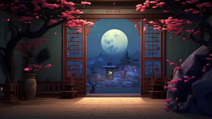 中国风古窗月亮花瓣背景循环