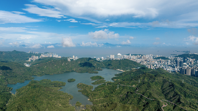 航拍珠海城市绿化、大镜山水库4k延时