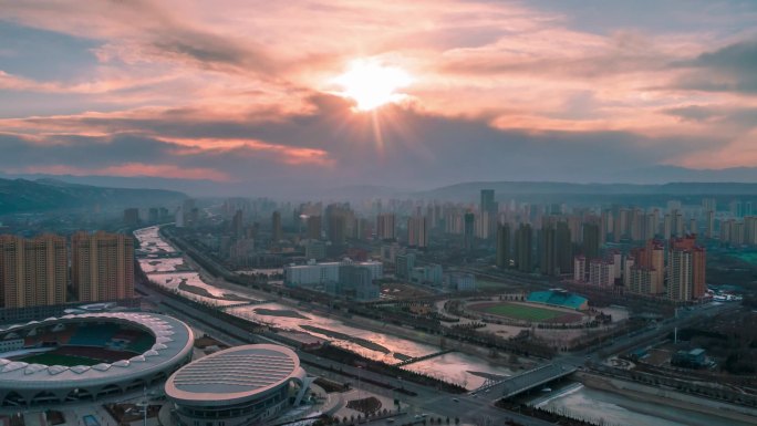 临夏市奥体中心夕阳延时