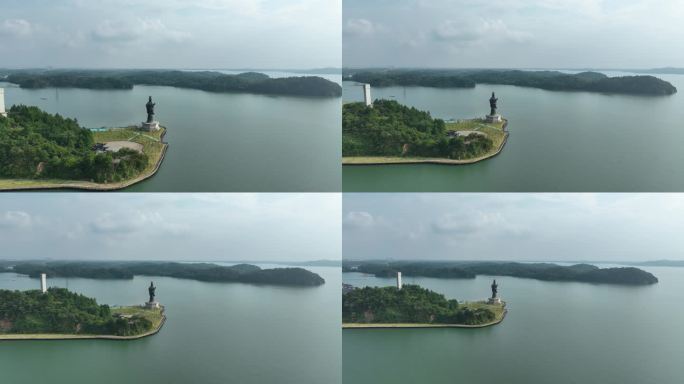 鄱阳湖国家湿地公园饶娥雕像航拍湖泊风景