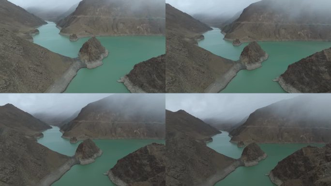 航拍雨天的西藏日喀则满拉水库
