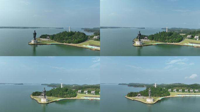 鄱阳湖国家湿地公园饶娥雕像航拍湖泊风景