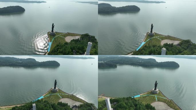 鄱阳湖国家湿地公园饶娥雕像航拍湖泊风景