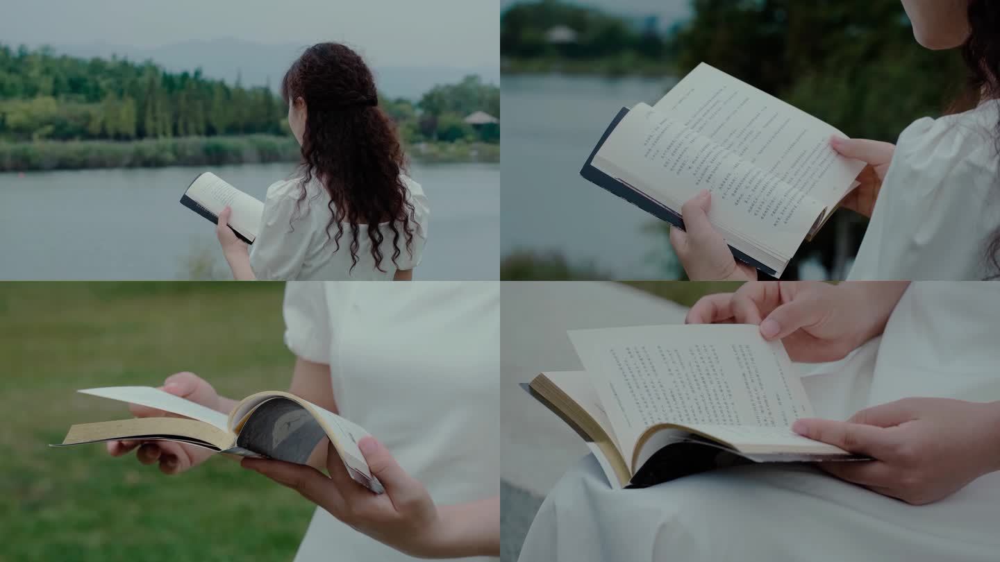 女孩湖边河边看书读书学习阅读翻书白裙背影