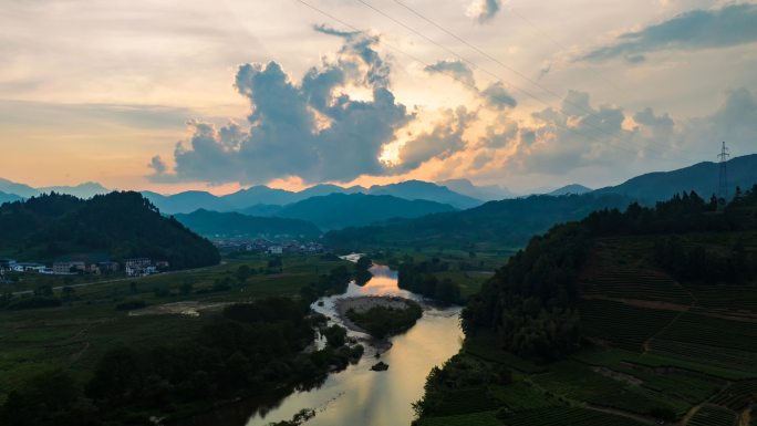 武夷山 茶园 落日  溪流 延时