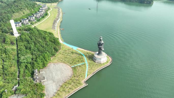 鄱阳湖国家湿地公园饶娥雕像航拍湖泊风景