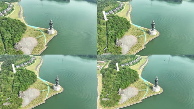 鄱阳湖国家湿地公园饶娥雕像航拍湖泊风景