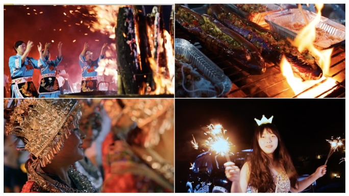 露营基地露营活动，烧烤烟花DJ舞蹈