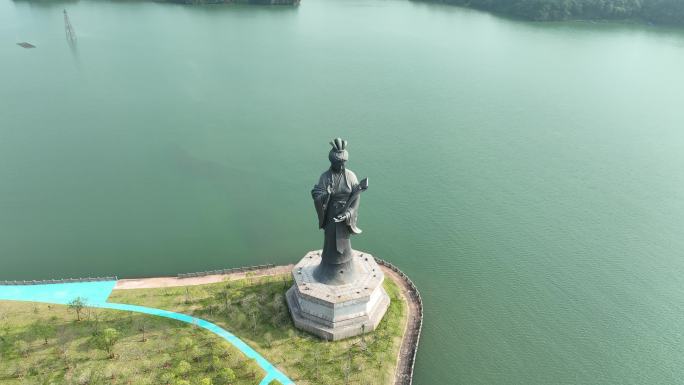 鄱阳湖国家湿地公园饶娥雕像航拍湖泊风景