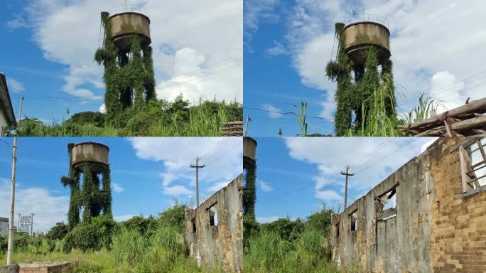 攀着绿藤旧水塔倒闭工厂废弃的水塔生活水塔