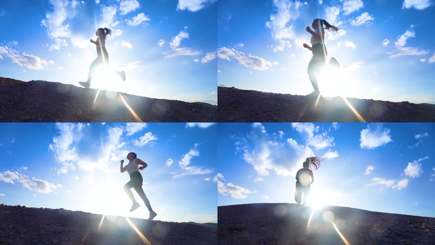 女孩跑步运动户外阳光奔跑自由逆光前进拼搏