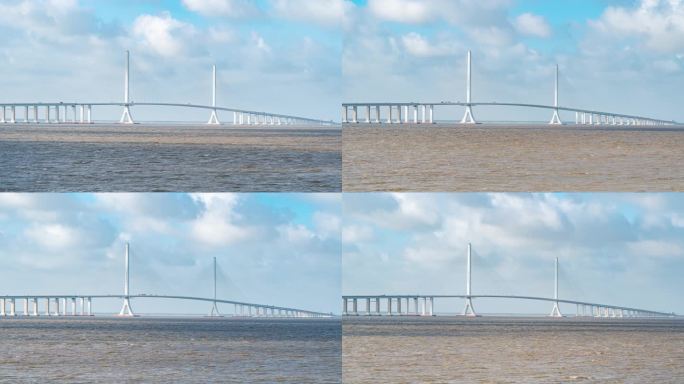 中国上海长江大桥蓝天白云延时风光
