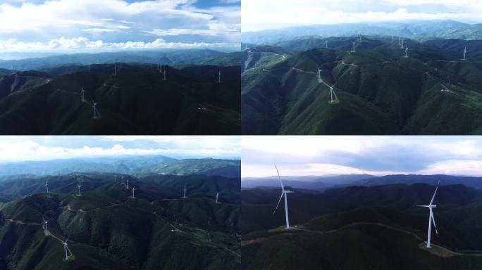 大风车风力发电逆光3个航拍镜头4K