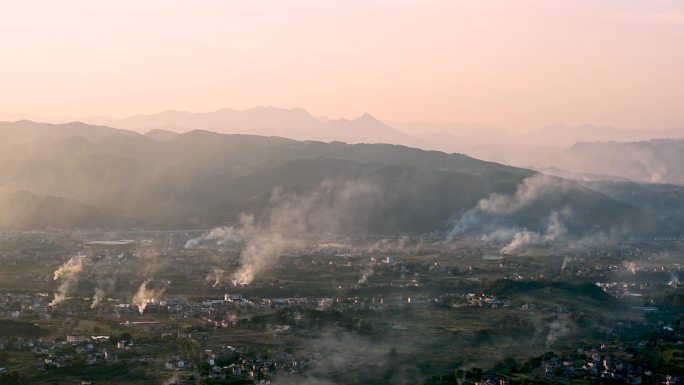 黄昏大地 做饭炊烟 俯瞰农村田园燃烧烟火