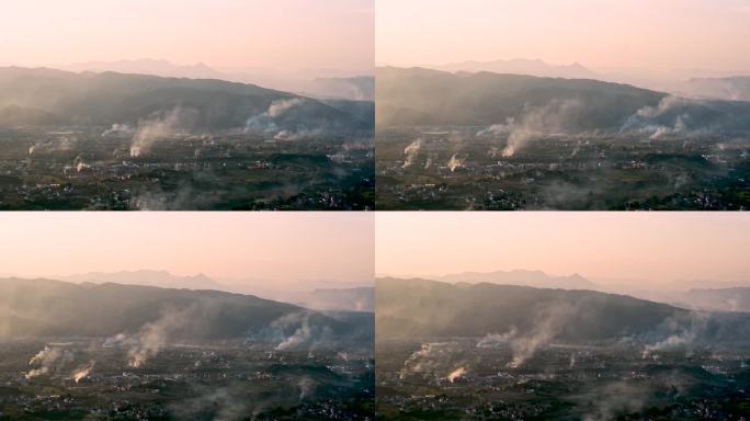 黄昏大地 做饭炊烟 俯瞰农村田园燃烧烟火